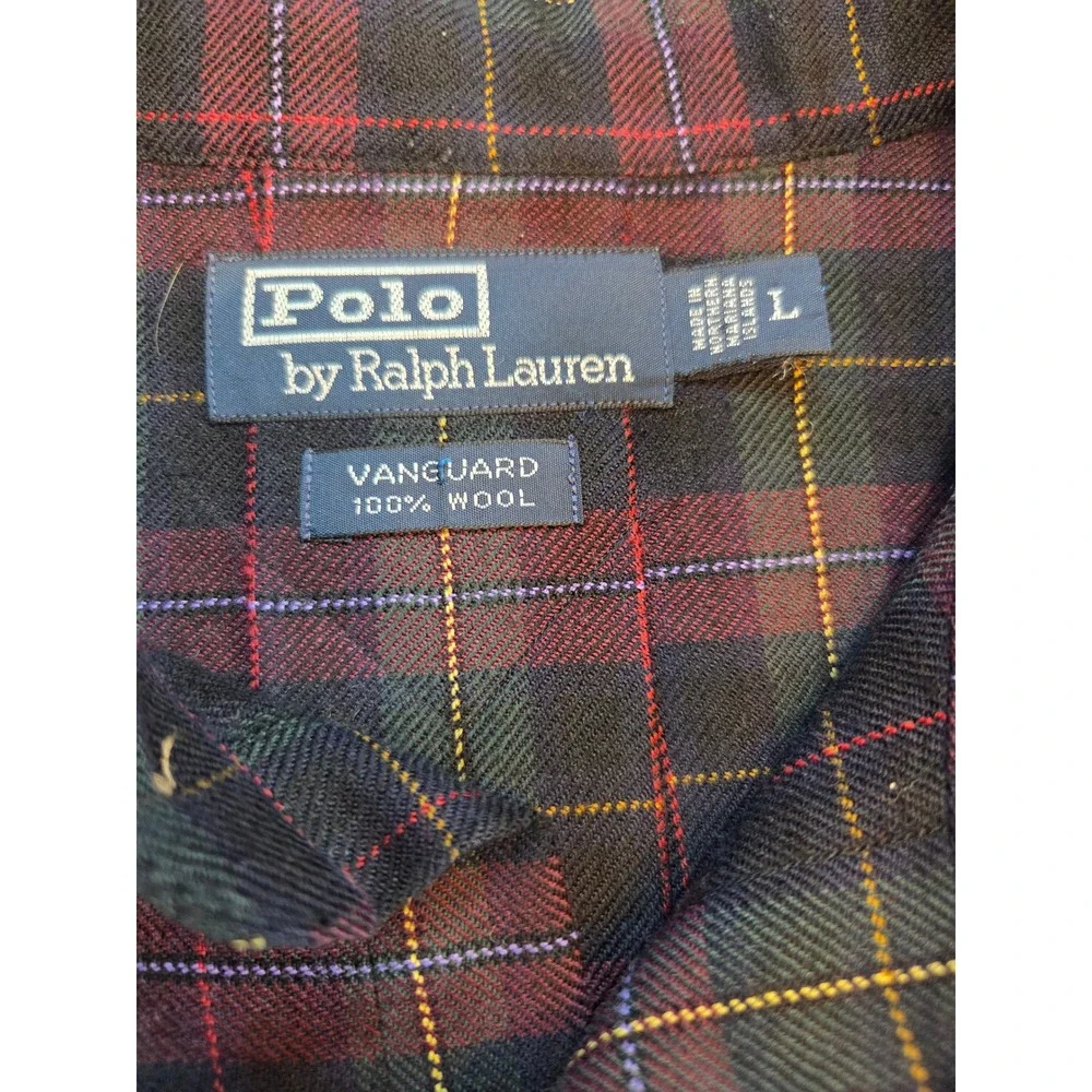Polo Ralph Lauren Vanguard Wool Plaid Shirt Mens Large Burgundy Green Epaulets
